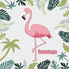 Vector flat illustration. Pictured tropical leaves and flamingos. Ideal for summer banners, screensavers or party invitations and notebook cover. 