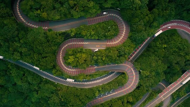 Aerial view of a curvy road near Hakone, Japan.