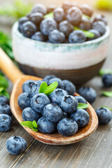 Fresh blueberries background with copy space for your text. Blueberry antioxidant organic superfood in a bowl concept for healthy eating and nutrition