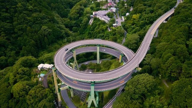Aerial view of a circulous road on the Izu peninsula, Japan.