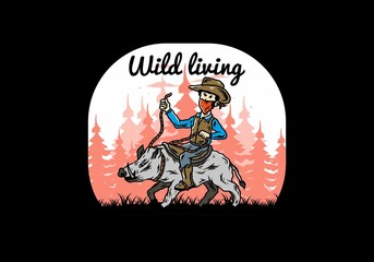 Man riding a wild boar illustration