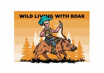 Man riding a wild boar illustration