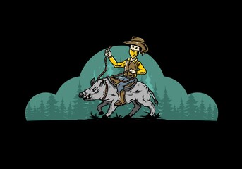 Man riding a wild boar illustration