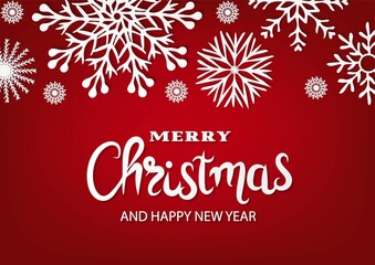 Merry Christmas and Happy New Year text on red background with paper snowflakes. Christmas winter design. Magic nature fantasy snowfall texture decoration. Vector illustration 