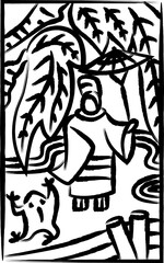 シンプルな花札の筆書きイラスト　霜月　栃　11月　小野道風　栃に小野道風