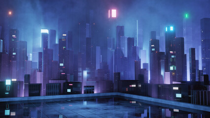 3D Rendering of neon glow mega city with light reflection from puddles on building deck rooftop. Concept for night life,  business district center (CBD) Cyber punk theme, tech product, game background © knssr