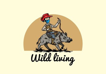 Man riding a wild boar illustration