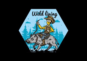 Man riding a wild boar illustration