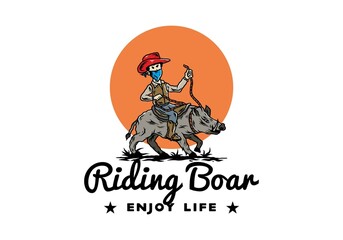 Man riding a wild boar illustration