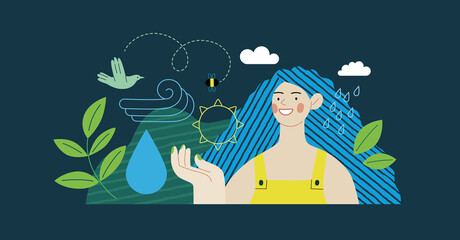 Obraz na płótnie Canvas Ecology - Eco green -Modern flat vector concept illustration of a young woman surrounded by natural ecological symbols. Creative landing web page template