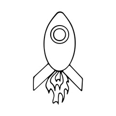 Rocket doodle. Rapid takeoff into space. Hand drawn vector black and white illustration.