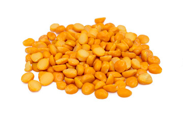 Close-up of Organic Gram (Cicer arietinum) or split yellow chana dal isolated on a white...