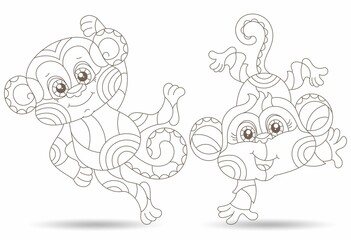 A set of contour illustrations in the style of stained glass with cute cartoon monkeys, dark outlines on a white background