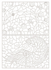 A set of contour illustrations in the style of a stained glass window with cute cartoon dolphins and nautilus, dark contours on a white background