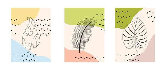 Vector illustration. Modern black lines of leaves. Abstract art balls background with different shapes. Ideal for wall decoration, postcards or brochure cover design.