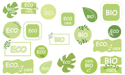 Vector flat illustration. Set eco green design icons. Ideal as an emblem for cafés, badges, tags, packaging.  Eco stickers for labeling package, food, cosmetics. 