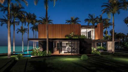 Fototapeta na wymiar 3d rendering of modern cozy house with parking and pool for sale or rent with wood plank facade by the sea or ocean. Starlight night by the azure coast with palm trees and flowers in tropical island