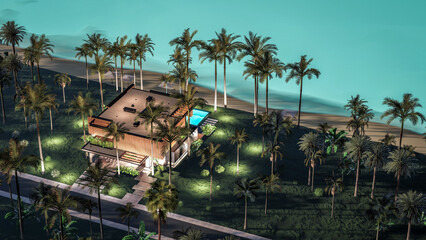 3d rendering of modern cozy house with parking and pool for sale or rent with wood plank facade by the sea or ocean. Starlight night by the azure coast with palm trees and flowers in tropical island