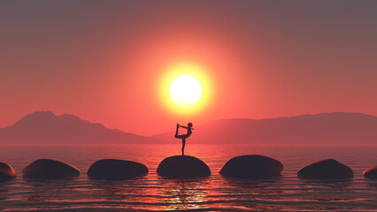 3D sunset landscape with female in yoga pose on stepping stones in ocean