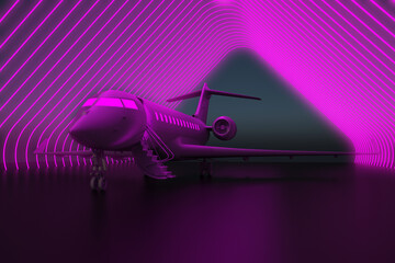 black private jet in neon lighting