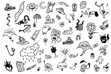 Set of black and white doodle illustration with different fun characters.