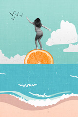 Collage photo of black and white girl dancing on orange fruit sun relaxing summer weekend isolated on beach painting background - obrazy, fototapety, plakaty