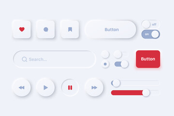 Set of 3D vector buttons for mobile app: search, player, switch, etc. Geometric shapes: circle, square, rectangle on white background with light shadows. 