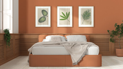 Modern bedroom in white and orange tones. Bed, wooden wall panel with pictures, potted plants and parquet. Country house concept idea, interior design, front view