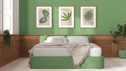 Modern bedroom in white and green tones. Bed, wooden wall panel with pictures, potted plants and parquet. Country house concept idea, interior design, front view