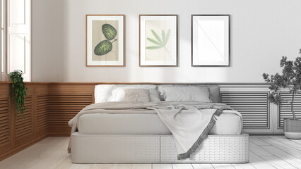 Architect interior designer concept: hand-drawn draft unfinished project that becomes real, bedroom. Bed, wooden wall panel with pictures. Country house concept idea, front view