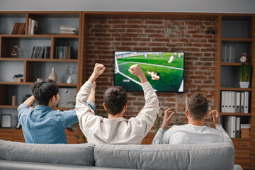 Back view of men watching a football game on tv and sitting on a sofa