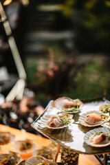 Seafood starter raw fish sliced in a sea shell with sauce and microgreens on a platter. 