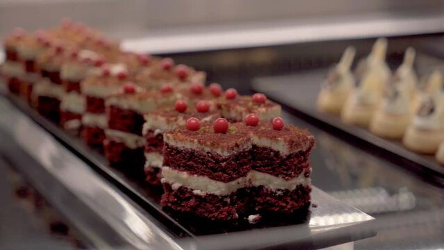 Row delicious Chocolate Cake on buffet line