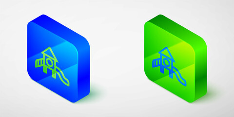 Isometric line Slide playground icon isolated on grey background. Childrens slide. Blue and green square button. Vector