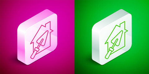 Isometric line House or home with trowel icon isolated on pink and green background. Adjusting, service, setting, maintenance, repair, fixing. Silver square button. Vector
