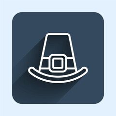 White line Leprechaun hat icon isolated with long shadow background. Happy Saint Patricks day. National Irish holiday. Blue square button. Vector