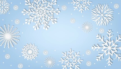 Merry christmas design for winter with place for your text space. Abstract paper craft snowflakes background. Greeting card for winter holidays. Vector illustration