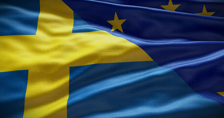 Sweden and European Union flag background. Relationship between country government and EU. 3D illustration