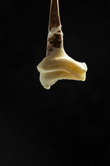 cream cheese and butter for breakfast. melted cheese on dark background. vertical image. place for text