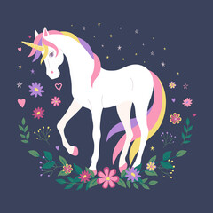 A flat illustration with a unicorn, flowers, stars.