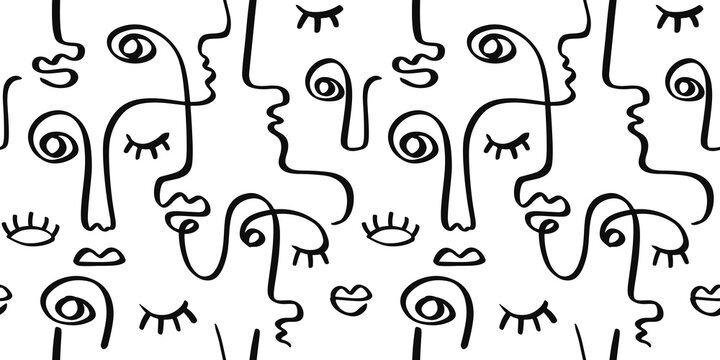 People one line drawing women faces seamless pattern