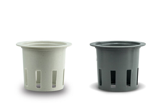 Cup Of Hydroponics Plant On A White Background. Pots With Gray And White Plastic Planters.