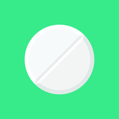 White medical pill isolated on green background, vector illustration. Realistic white Capsule Mockup. Medical, healthcare, pharmaceuticals and chemistry concept. Top View, close up.