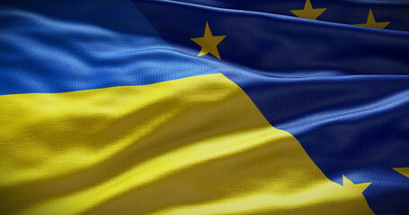Ukraine and European Union flag background. Relationship between country government and EU. 3D illustration