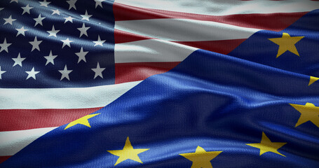 United States and European Union flag background. Relationship between country government and EU. 3D illustration