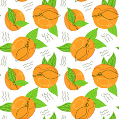 Seamless pattern with tangerines and green leaves.