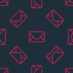 Red line Mail and e-mail icon isolated seamless pattern on black background. Envelope symbol e-mail. Email message sign. Vector