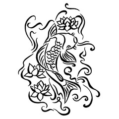 Traditional drawing of fish carp and lotuses in Japanese style. Black and white line art hand drawn. Koi fishes (Japanese carp) with waves. Linear drawing image.