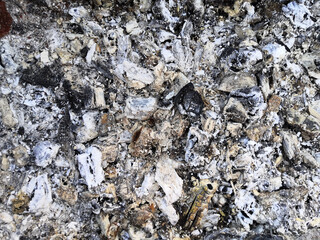 Ash texture, blurred background. Smoldering coal. Wood ash in the fireplace. Defocused charcoal with texture. Blurred image of black and white background, defocused