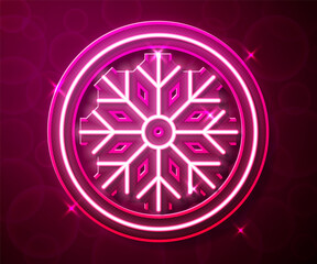 Glowing neon line Snowflake icon isolated on red background. Merry Christmas and Happy New Year. Vector